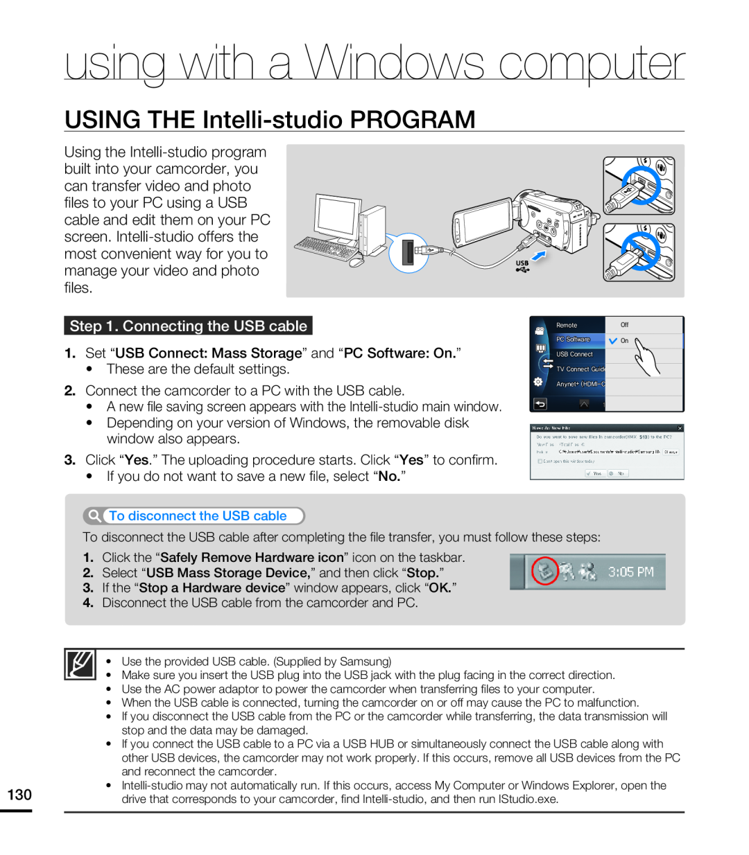Samsung HMX-S15BN/XAA manual using with a Windows computer, USING THE Intelli-studio PROGRAM, Connecting the USB cable 