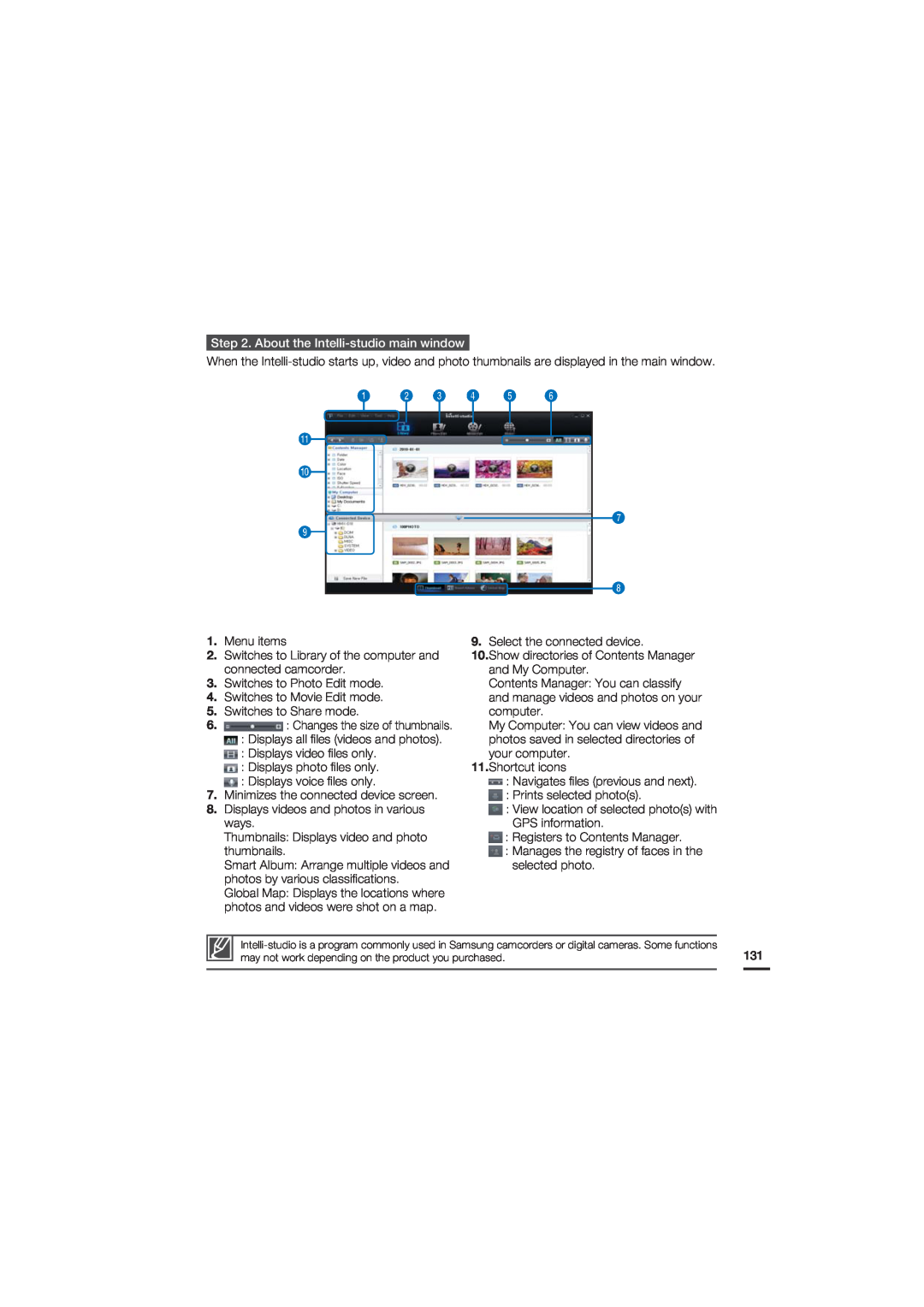 Samsung HMX-S10BN/XAA, HMX-S15BN/XAA manual About the Intelli-studio main window, 1 2 3 4 5, Menu items 