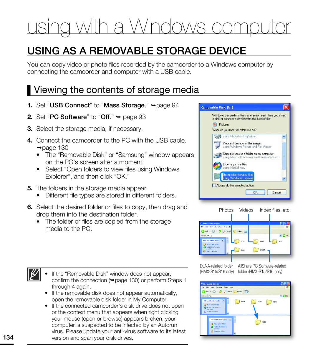 Samsung HMX-S15BN/XAA, HMX-S10BN/XAA manual Using As A Removable Storage Device, Viewing the contents of storage media 