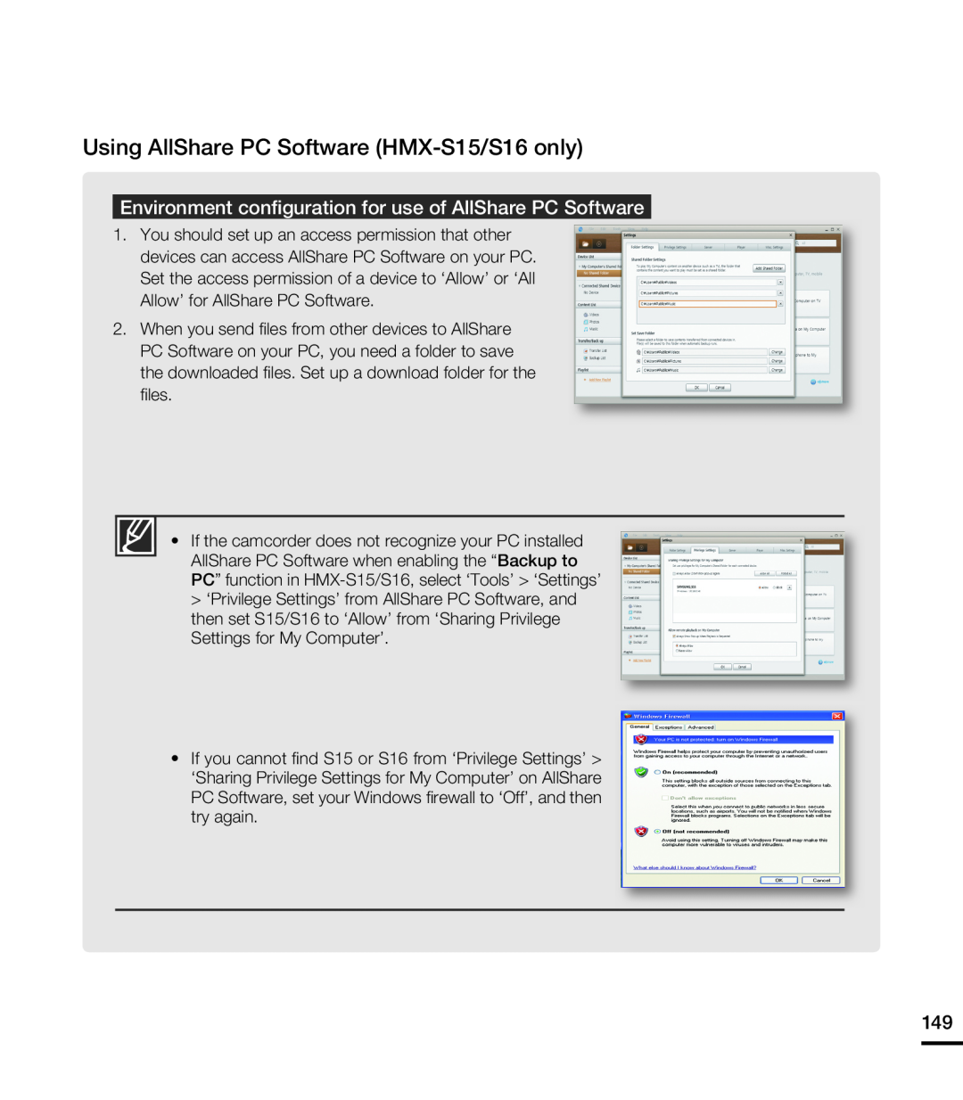 Samsung HMX-S10BN/XAA, HMX-S15BN/XAA manual Environment conﬁguration for use of AllShare PC Software 