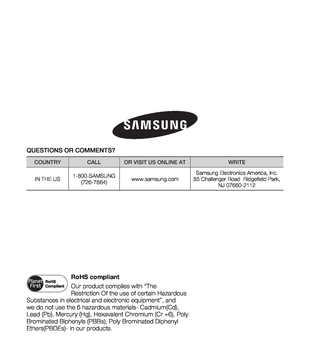 Samsung HMX-S15BN/XAA, HMX-S10BN/XAA manual RoHS compliant 