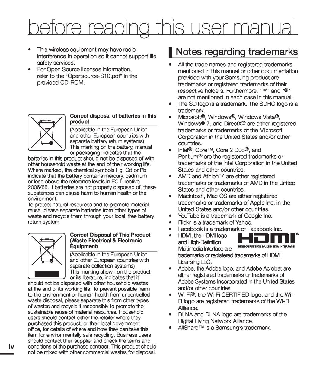Samsung HMX-S15BN/XAA, HMX-S10BN/XAA before reading this user manual, Notes regarding trademarks 