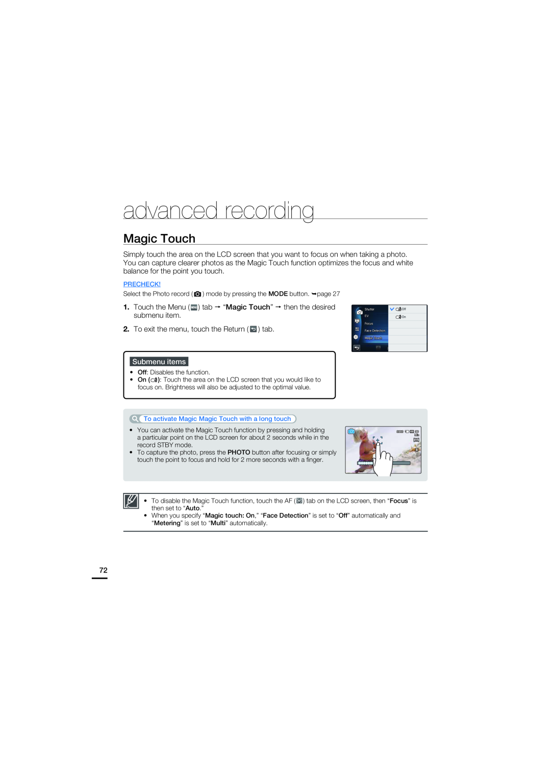 Samsung HMX-S15BN/XAA, HMX-S10BN/XAA manual Magic Touch, advanced recording, Submenu items, Precheck 