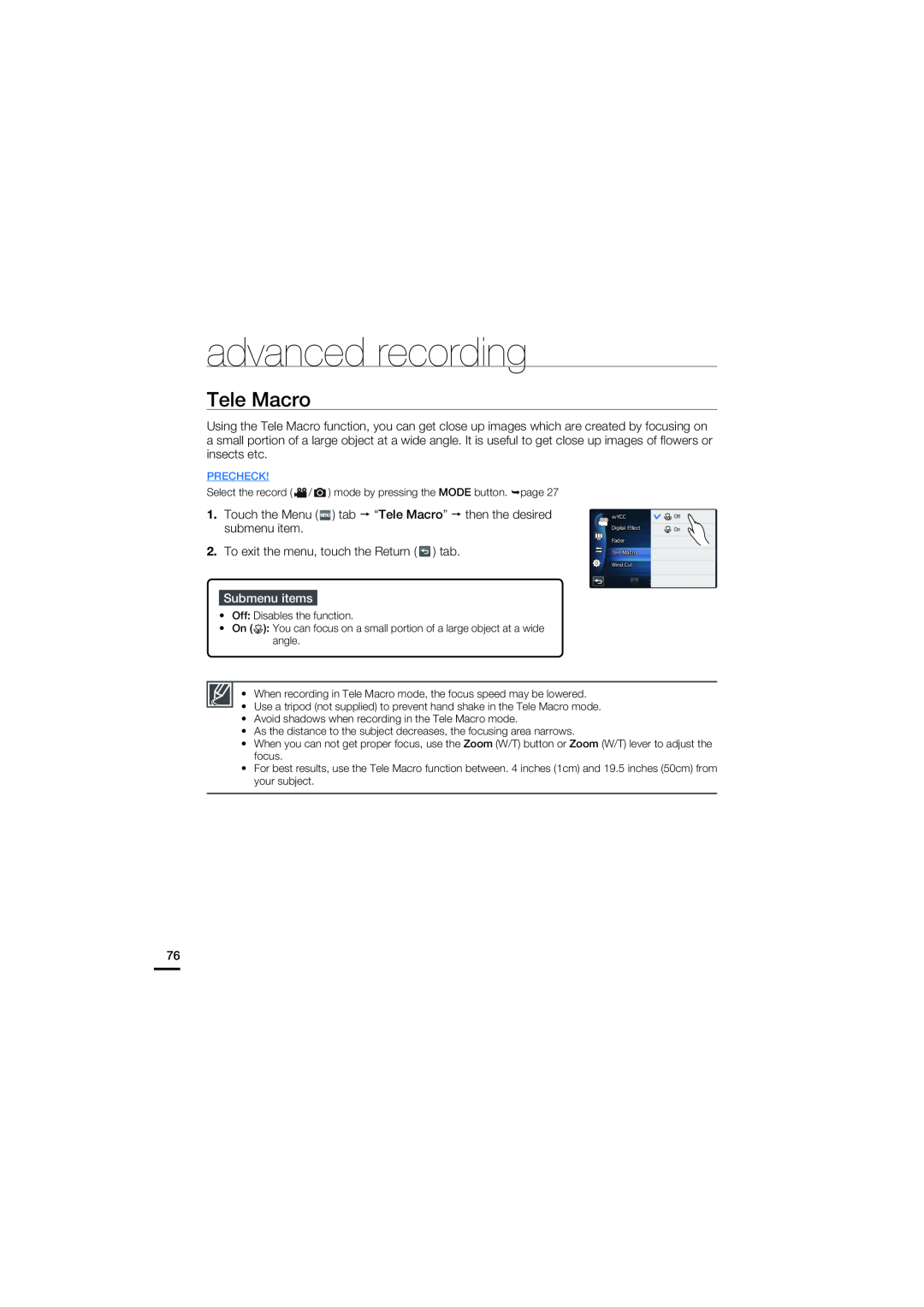 Samsung HMX-S15BN/XAA, HMX-S10BN/XAA manual Tele Macro, advanced recording, Submenu items 