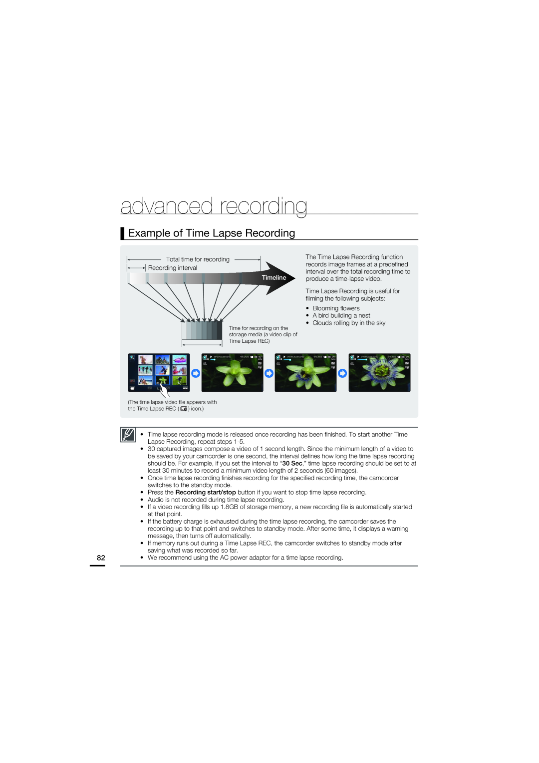 Samsung HMX-S15BN/XAA, HMX-S10BN/XAA manual Example of Time Lapse Recording, advanced recording 