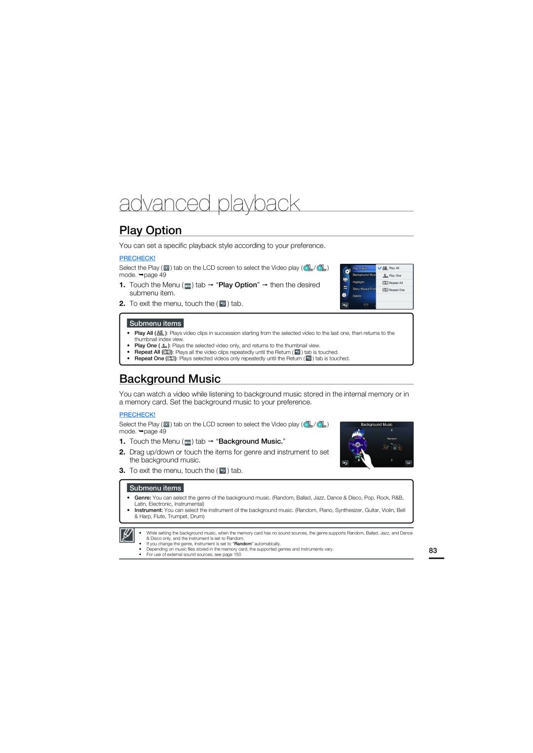 Samsung HMX-S10BN/XAA, HMX-S15BN/XAA manual advanced playback, Play Option, Background Music, Submenu items, Precheck 