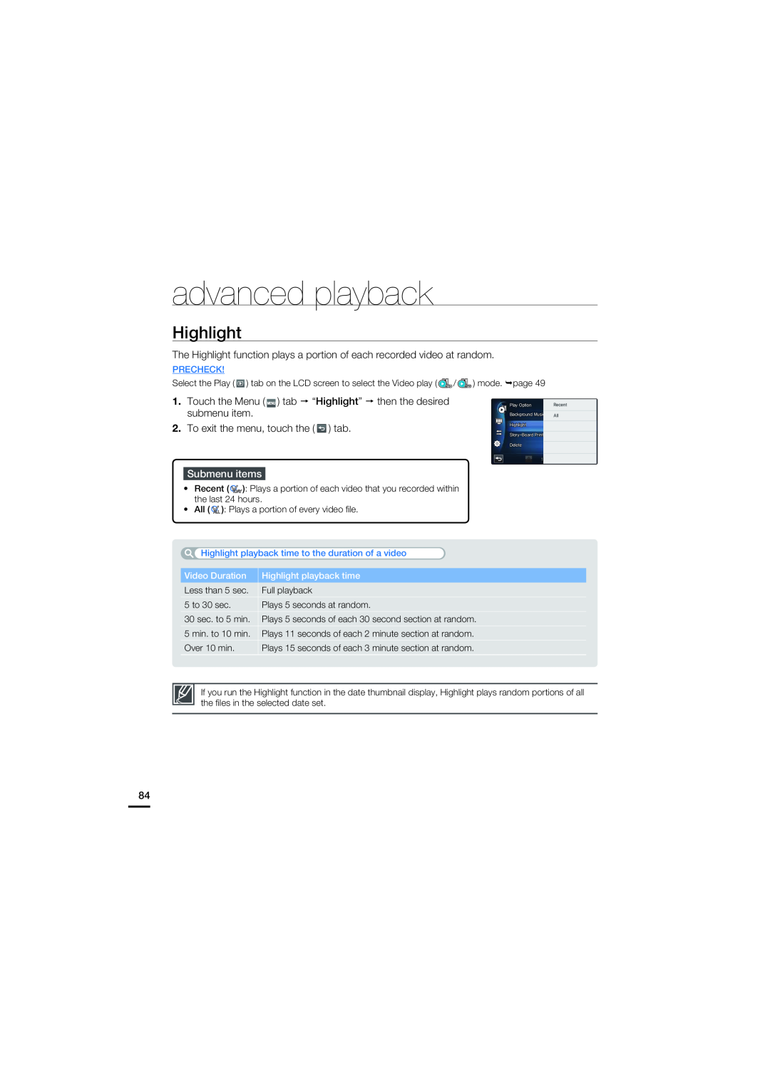 Samsung HMX-S15BN/XAA, HMX-S10BN/XAA manual Highlight, advanced playback, Submenu items, Precheck 