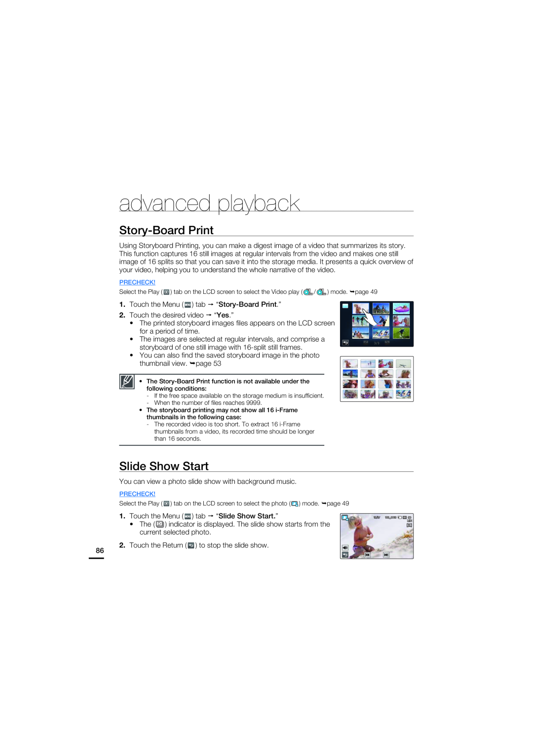 Samsung HMX-S15BN/XAA, HMX-S10BN/XAA manual Story-Board Print, Slide Show Start, advanced playback 