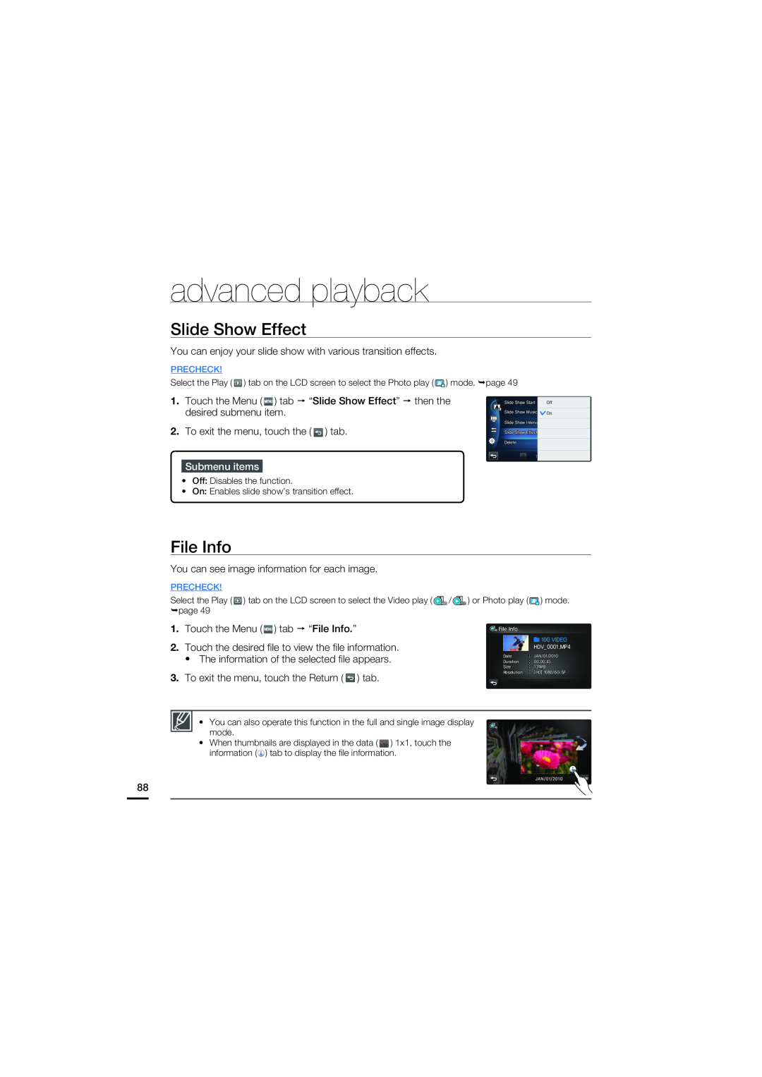 Samsung HMX-S15BN/XAA, HMX-S10BN/XAA manual Slide Show Effect, File Info, advanced playback, Submenu items 