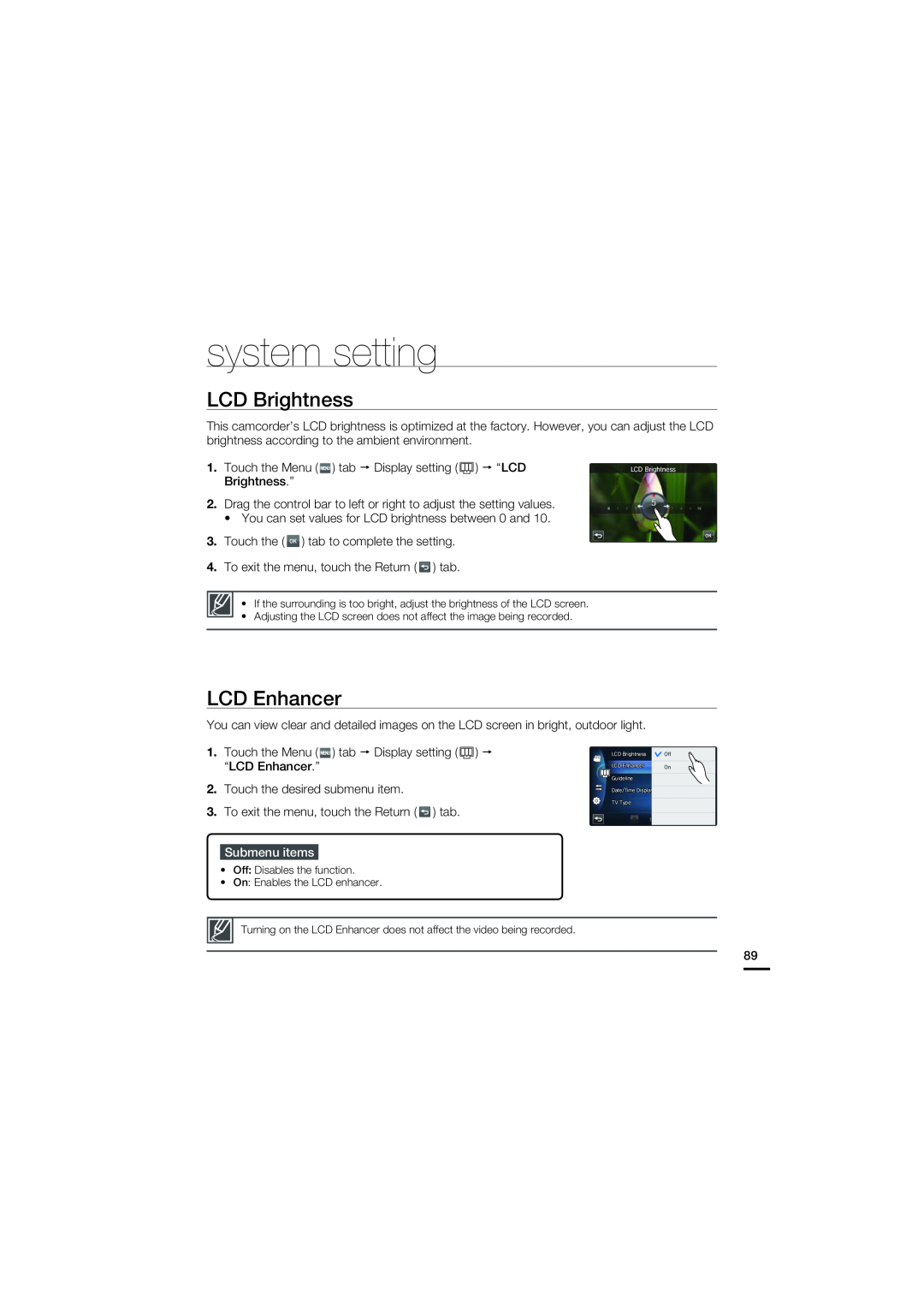 Samsung HMX-S10BN/XAA, HMX-S15BN/XAA manual system setting, LCD Brightness, LCD Enhancer, Submenu items 