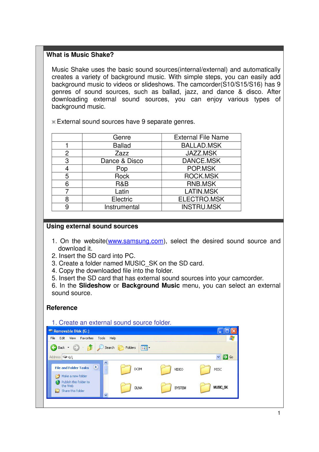 Samsung HMX-S10BP/EDC, HMX-S15BP/EDC, HMX-S15BN/XAA manual What is Music Shake?, Using external sound sources, Reference 