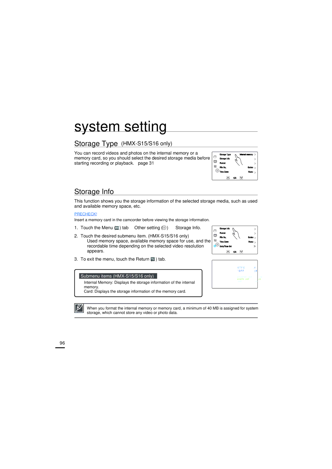 Samsung HMX-S15BP/XER, HMX-S15BP/EDC, HMX-S10BP/EDC, HMX-S16BP/EDC manual Storage Info, Submenu items HMX-S15/S16 only 