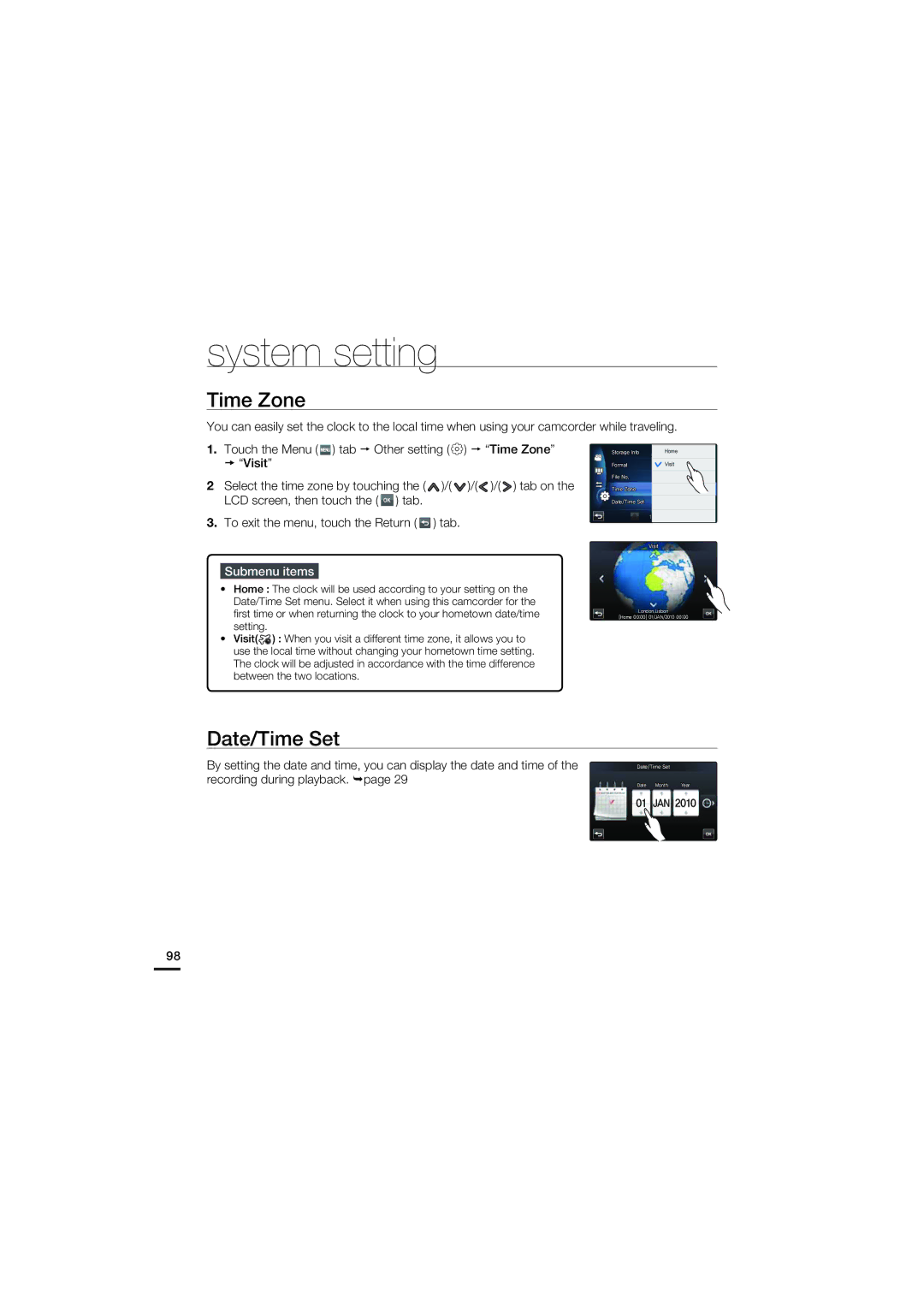 Samsung HMX-S16BP/XER, HMX-S15BP/EDC, HMX-S10BP/EDC, HMX-S16BP/EDC manual Time Zone, Date/Time Set, Recording during playback 