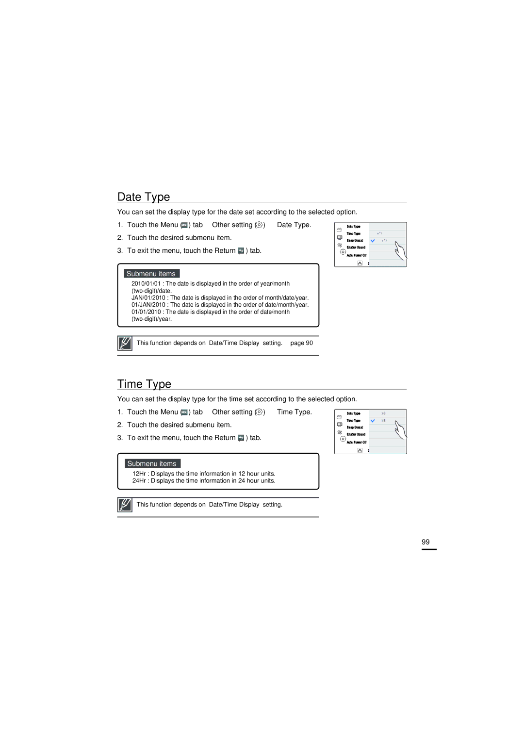 Samsung HMX-S15BP/XSH, HMX-S15BP/EDC, HMX-S10BP/EDC, HMX-S16BP/EDC, HMX-S15BP/XER, HMX-S10BP/XER manual Date Type, Time Type 