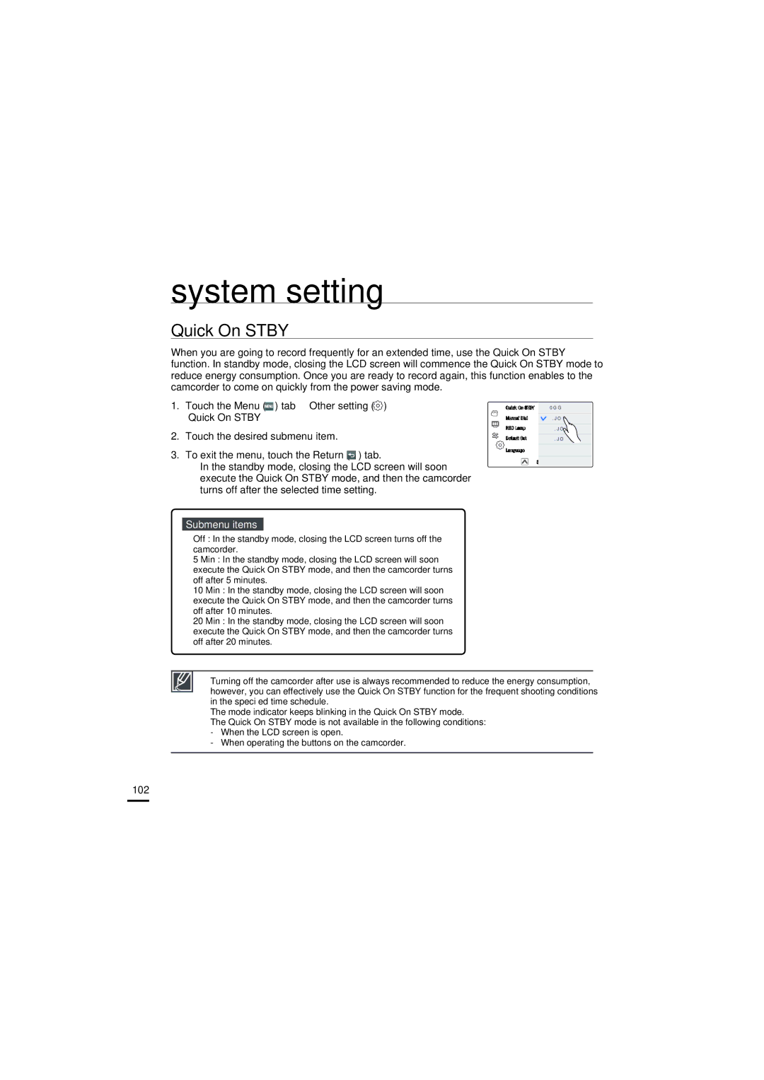 Samsung HMX-S15BP/EDC, HMX-S10BP/EDC, HMX-S16BP/EDC, HMX-S15BP/XER, HMX-S10BP/XER, HMX-S16BP/XER manual Quick On Stby, 102 