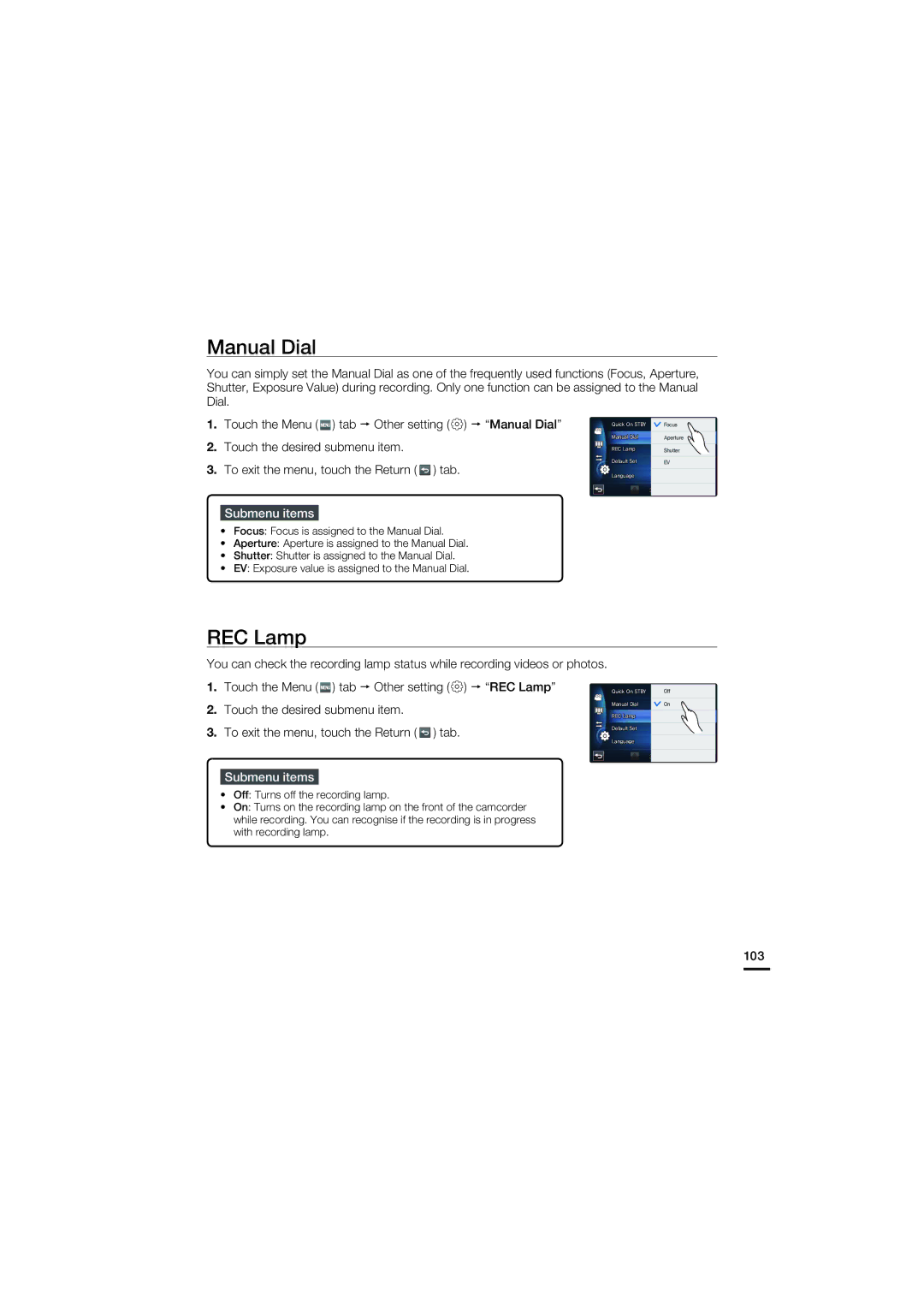 Samsung HMX-S10BP/EDC, HMX-S15BP/EDC, HMX-S16BP/EDC, HMX-S15BP/XER, HMX-S10BP/XER, HMX-S16BP/XER Manual Dial, REC Lamp, 103 