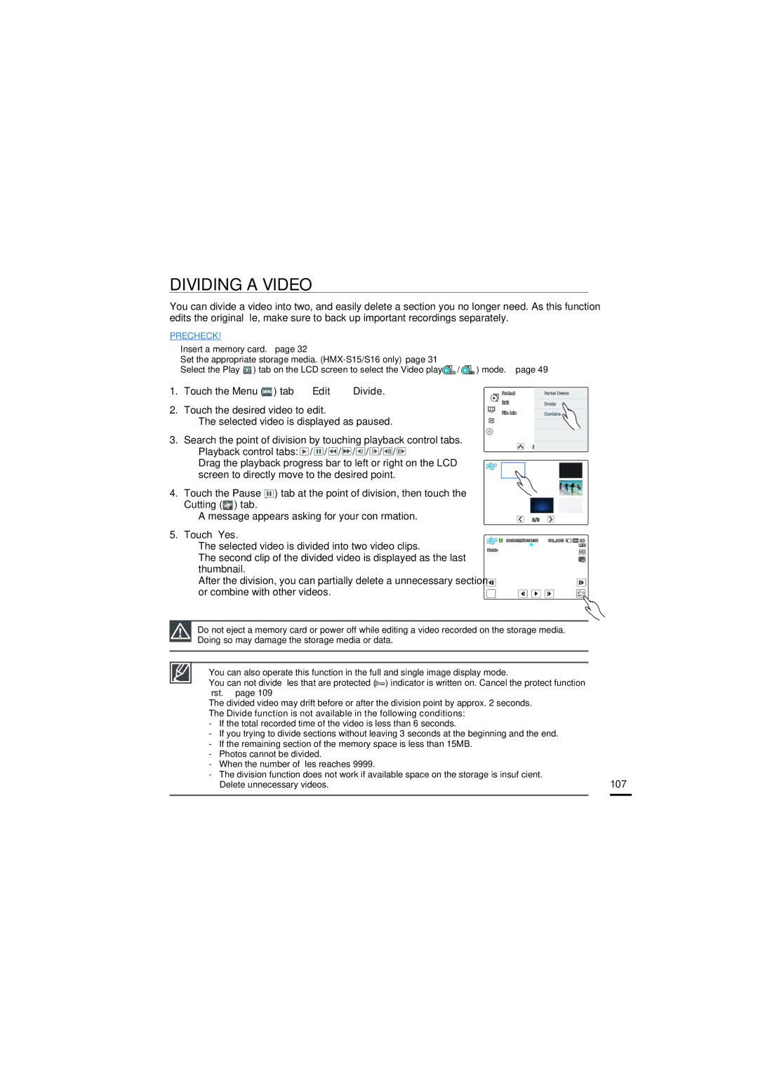 Samsung HMX-S16BP/XER, HMX-S15BP/EDC, HMX-S10BP/EDC, HMX-S16BP/EDC, HMX-S15BP/XER, HMX-S10BP/XER manual Dividing a Video, 107 