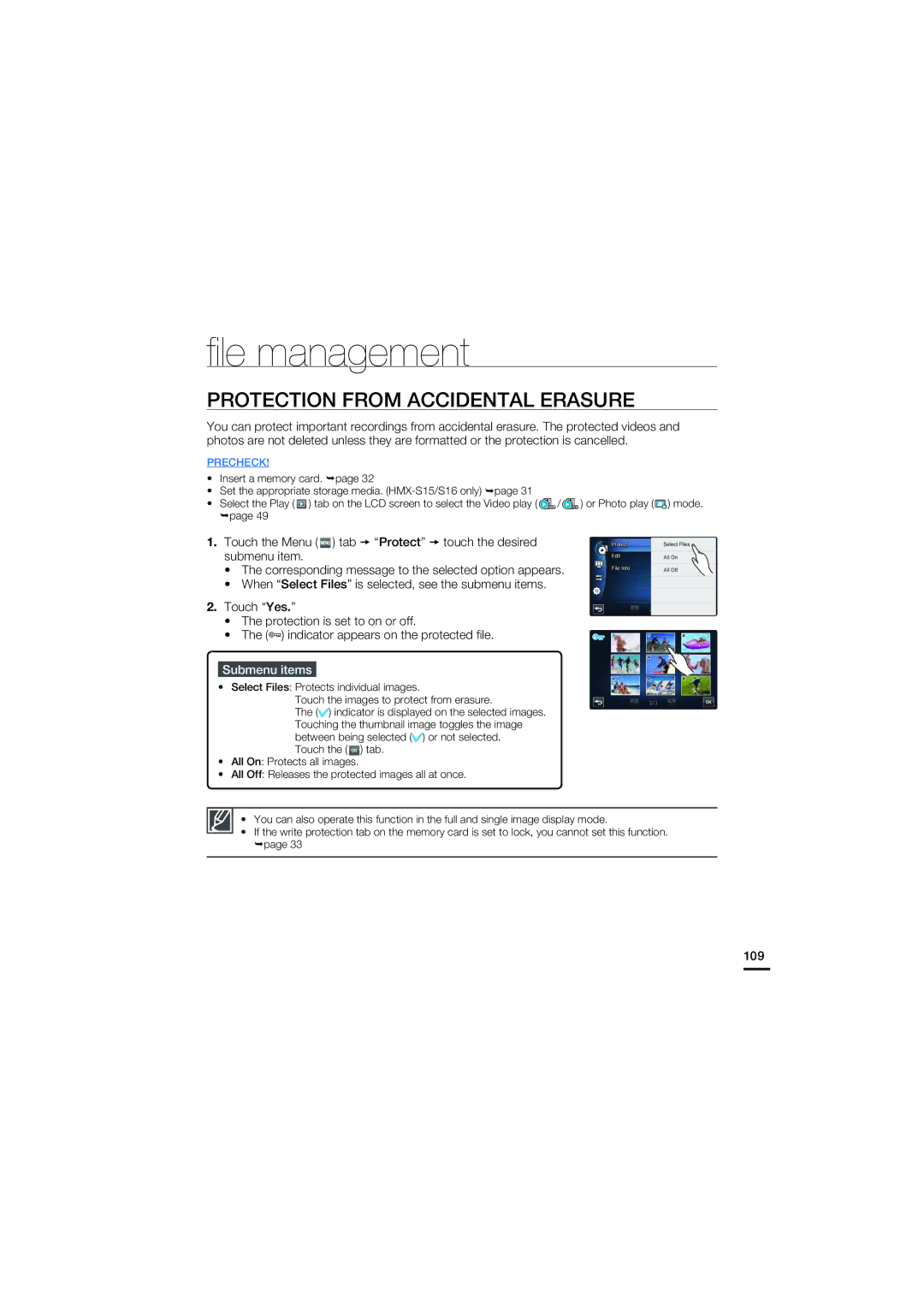 Samsung HMX-S10BP/XIL, HMX-S15BP/EDC, HMX-S10BP/EDC, HMX-S16BP/EDC ﬁle management, Protection from Accidental Erasure, 109 