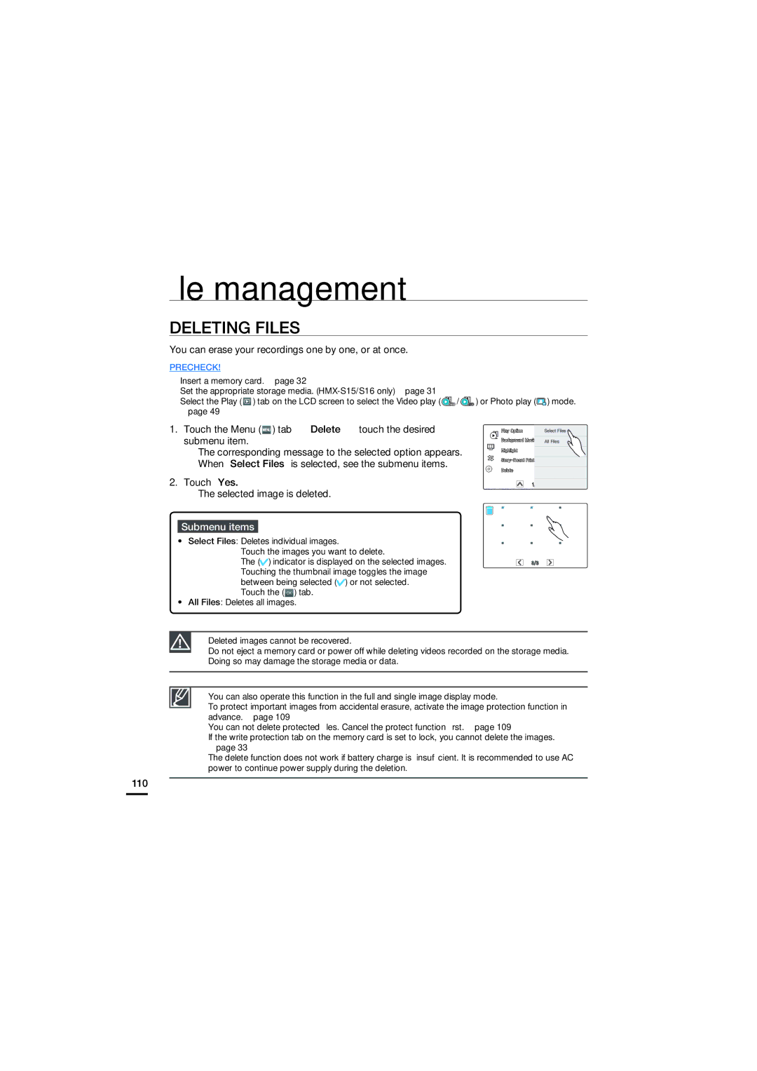 Samsung HMX-S15BP/XIL, HMX-S15BP/EDC manual Deleting Files, You can erase your recordings one by one, or at once, 110 