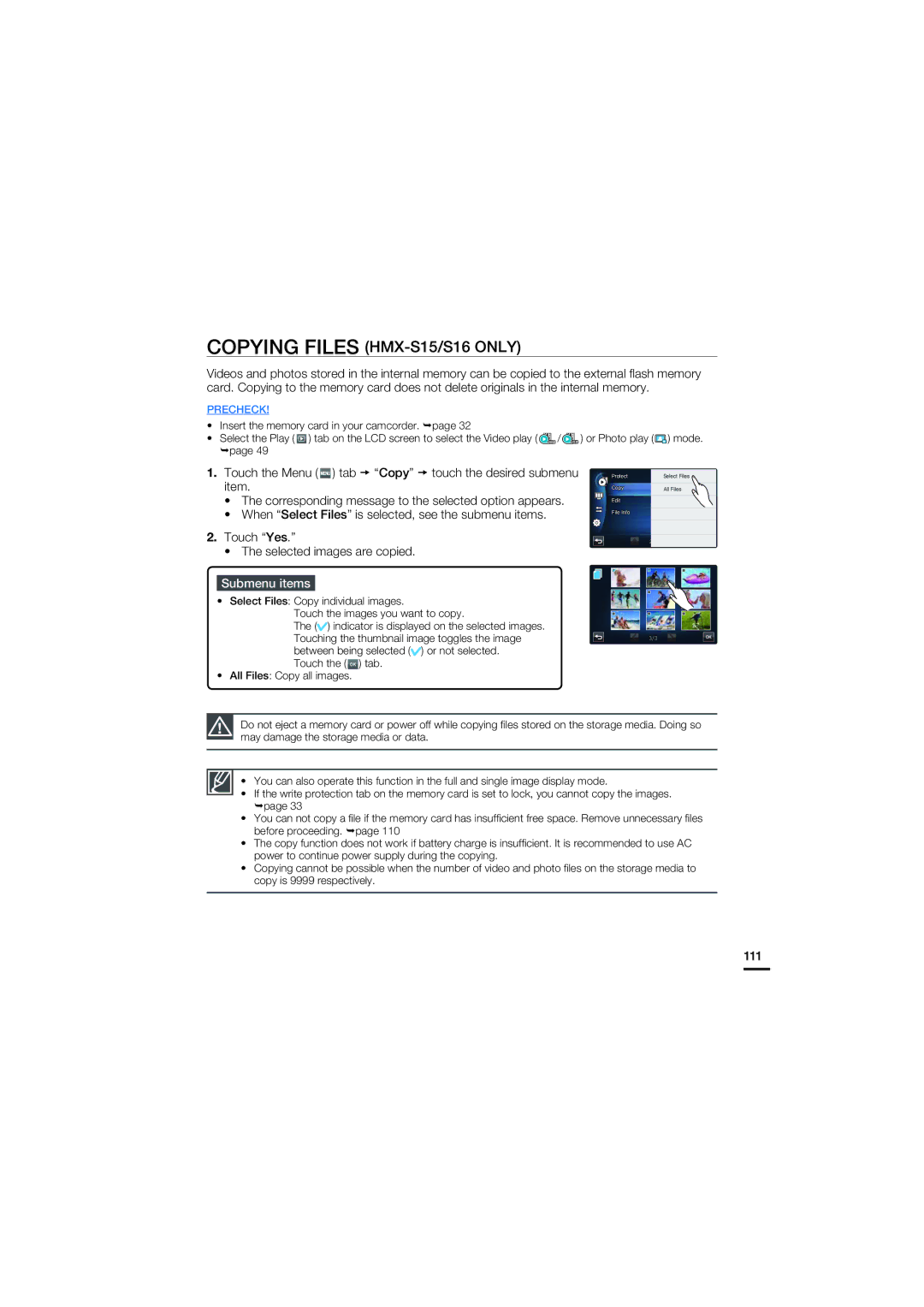 Samsung HMX-S15BP/EDC, HMX-S10BP/EDC, HMX-S16BP/EDC, HMX-S15BP/XER, HMX-S10BP/XER manual Copying Files HMX-S15/S16 only, 111 