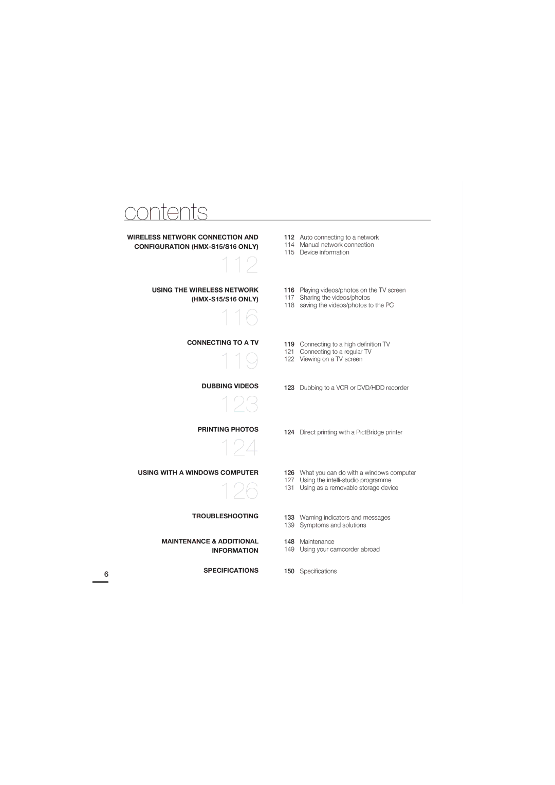 Samsung HMX-S15BP/XER, HMX-S15BP/EDC, HMX-S10BP/EDC, HMX-S16BP/EDC 112, Manual network connection 115 Device information 