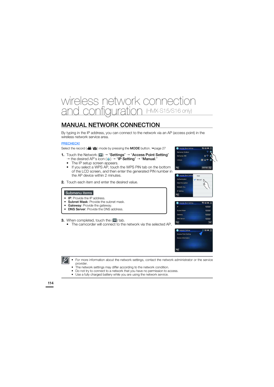 Samsung HMX-S15BP/XER, HMX-S15BP/EDC, HMX-S10BP/EDC, HMX-S16BP/EDC, HMX-S10BP/XER manual Manual Network Connection, 114 