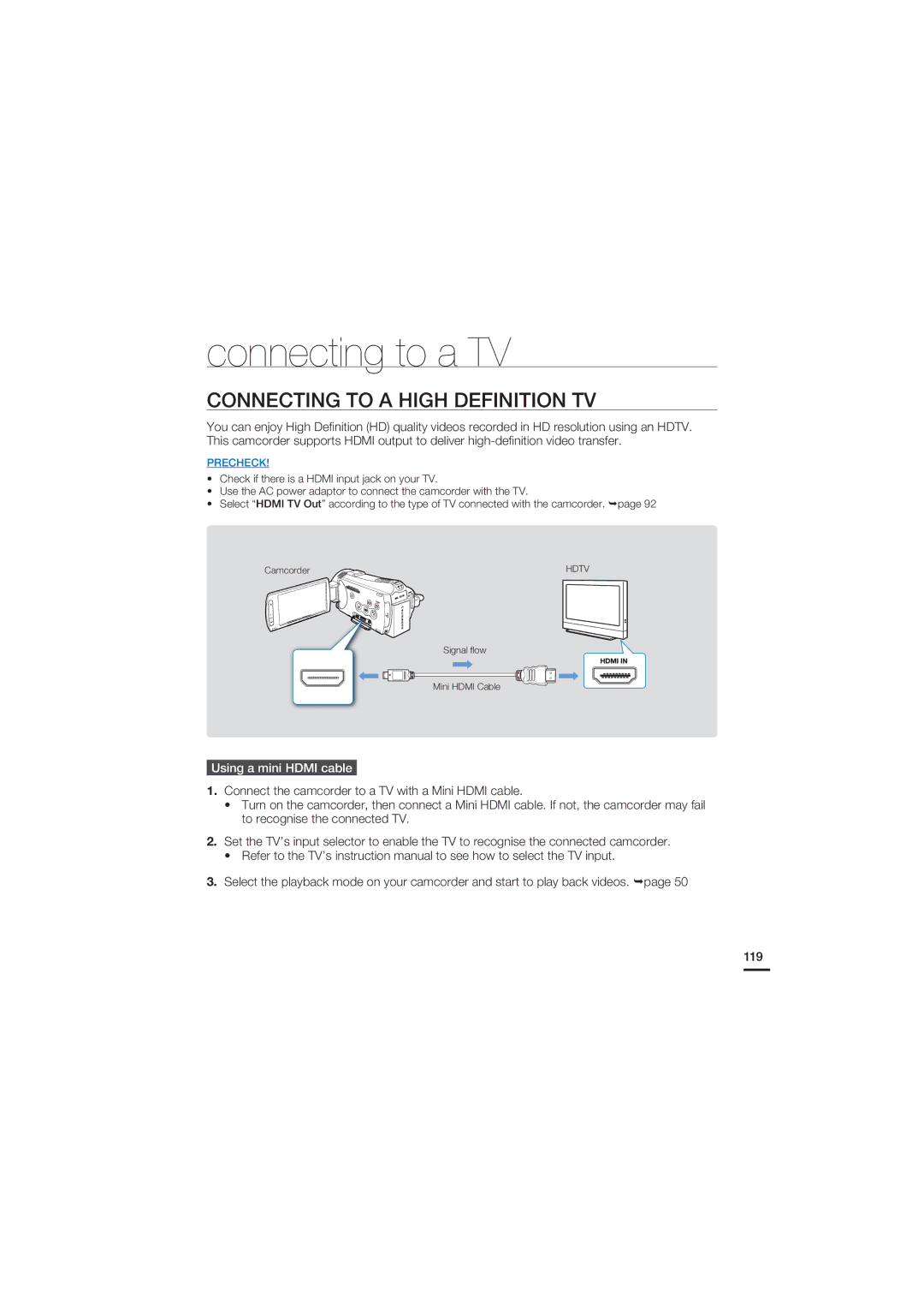 Samsung HMX-S15BP/XIL, HMX-S15BP/EDC manual Connecting to a TV, Connecting to a High Definition TV, Using a mini Hdmi cable 