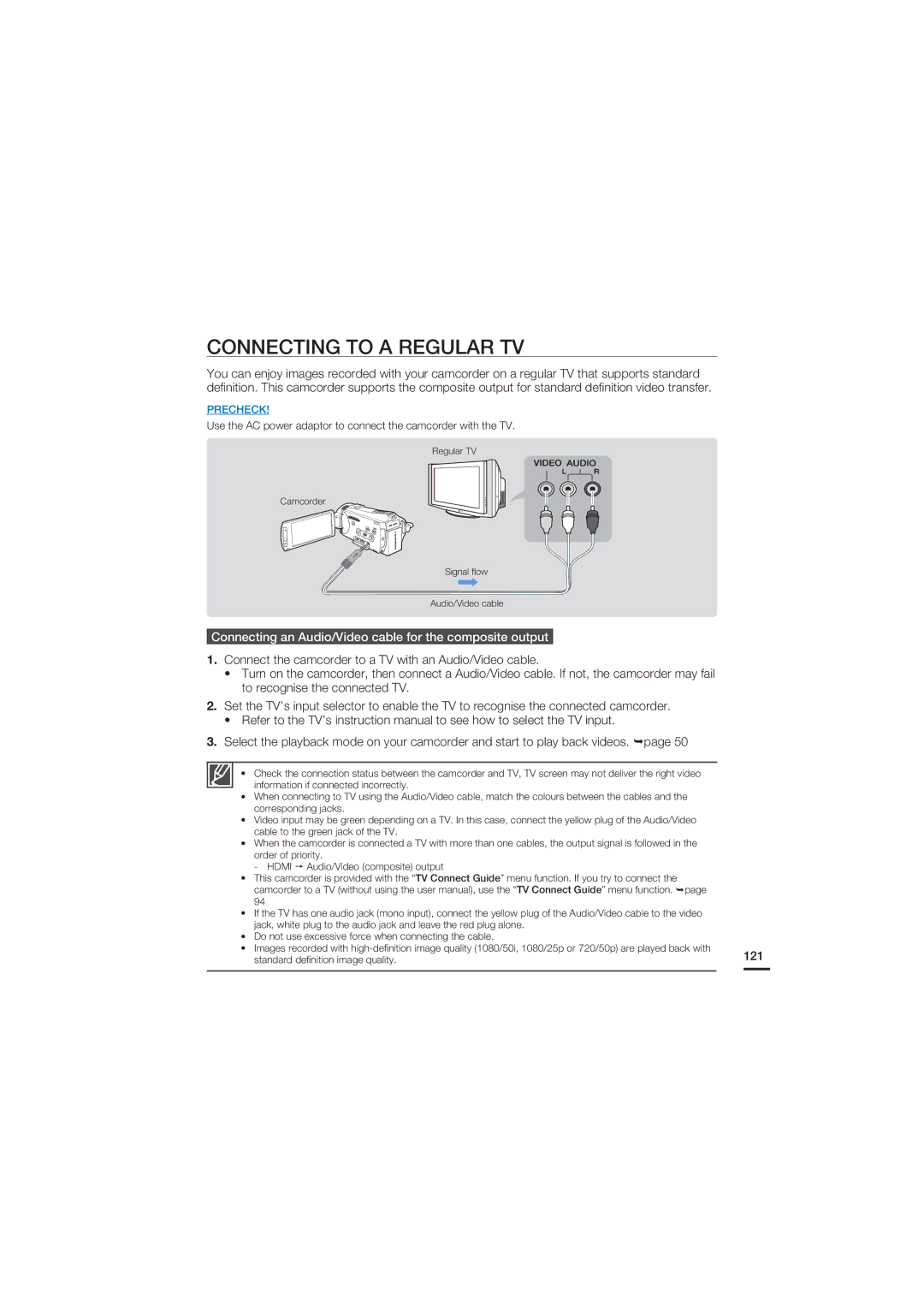 Samsung HMX-S10BP/EDC manual Connecting to a Regular TV, Connecting an Audio/Video cable for the composite output, 121 