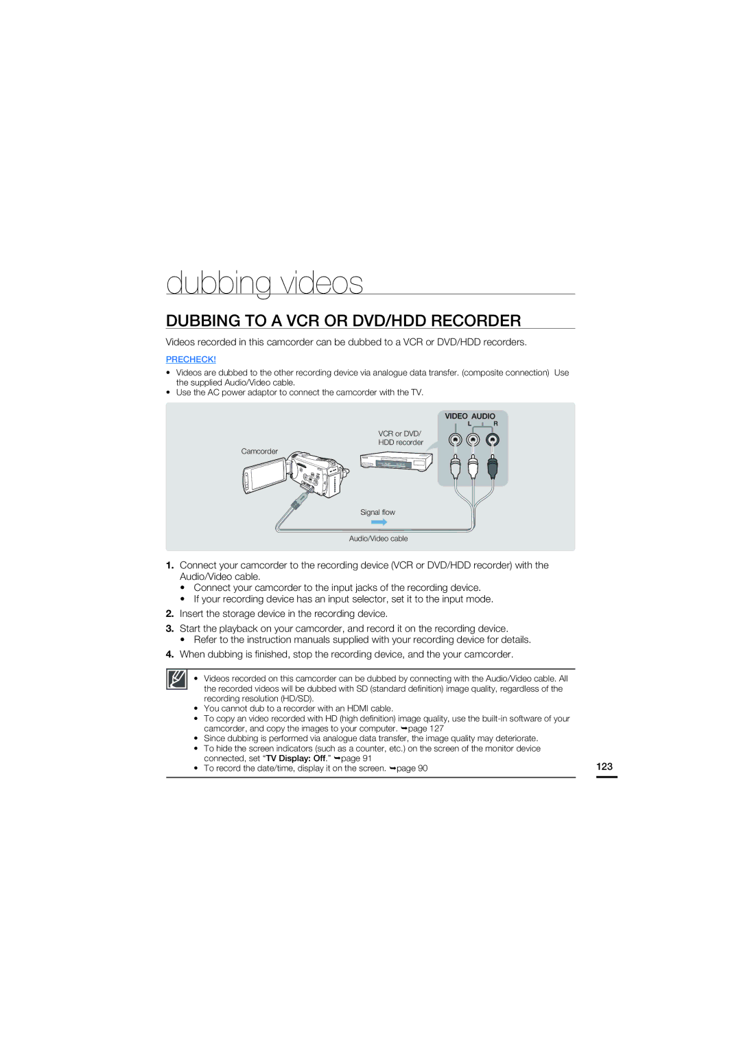 Samsung HMX-S15BP/XER, HMX-S15BP/EDC, HMX-S10BP/EDC, HMX-S16BP/EDC Dubbing videos, Dubbing to a VCR or DVD/HDD Recorder, 123 