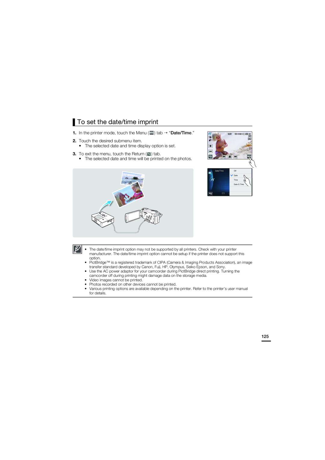 Samsung HMX-S16BP/XER, HMX-S15BP/EDC manual To set the date/time imprint, Printer mode, touch the Menu tab Date/Time, 125 