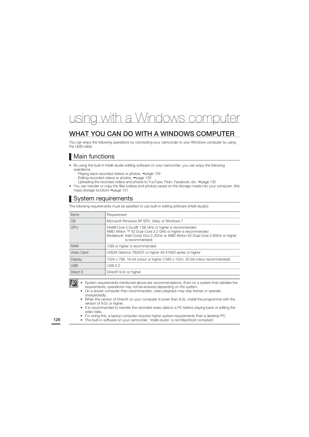 Samsung HMX-S15BP/XSH, HMX-S15BP/EDC manual What YOU can do with a Windows Computer, Main functions, System requirements 