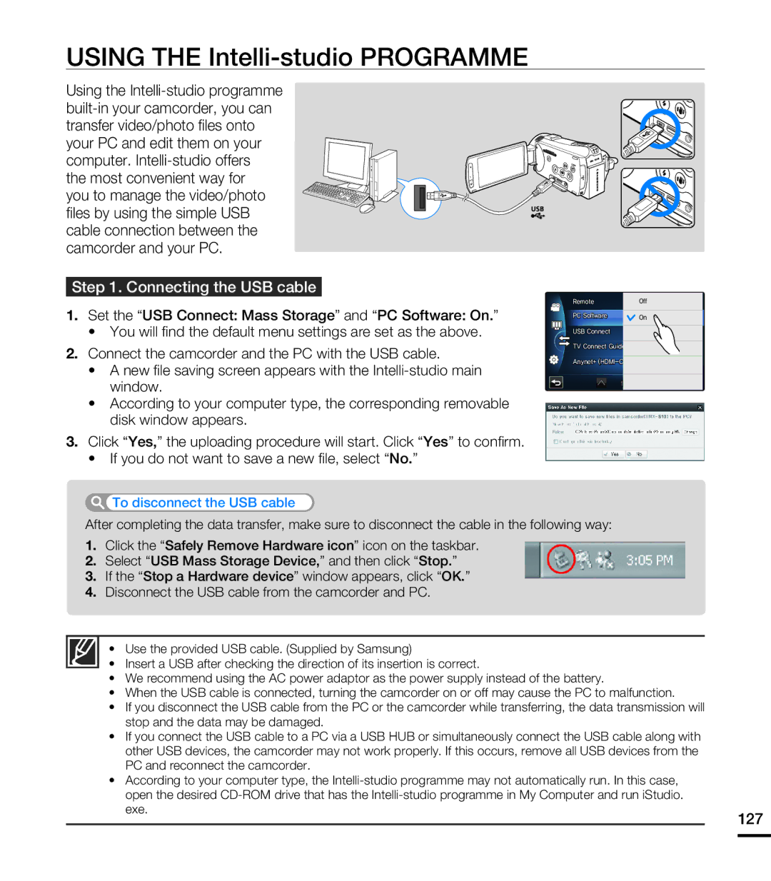 Samsung HMX-S10BP/XIL, HMX-S15BP/EDC, HMX-S10BP/EDC manual Using the Intelli-studio Programme, Connecting the USB cable 