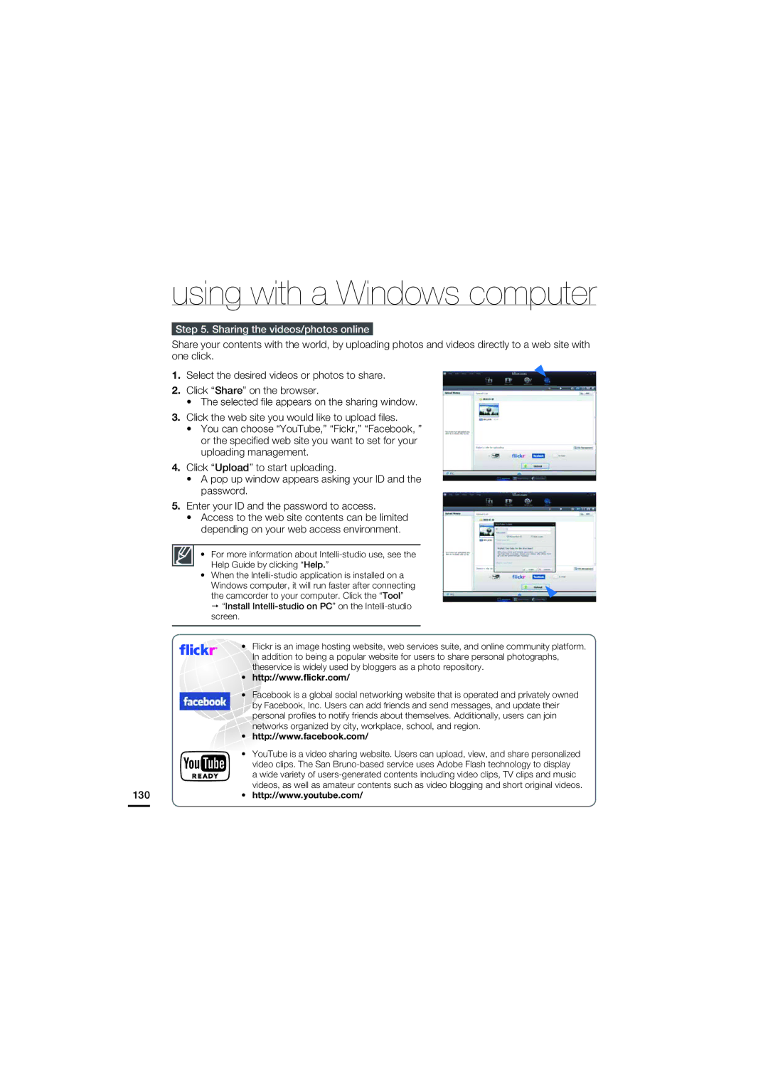 Samsung HMX-S10BP/EDC, HMX-S15BP/EDC, HMX-S16BP/EDC, HMX-S15BP/XER, HMX-S10BP/XER manual Sharing the videos/photos online, 130 