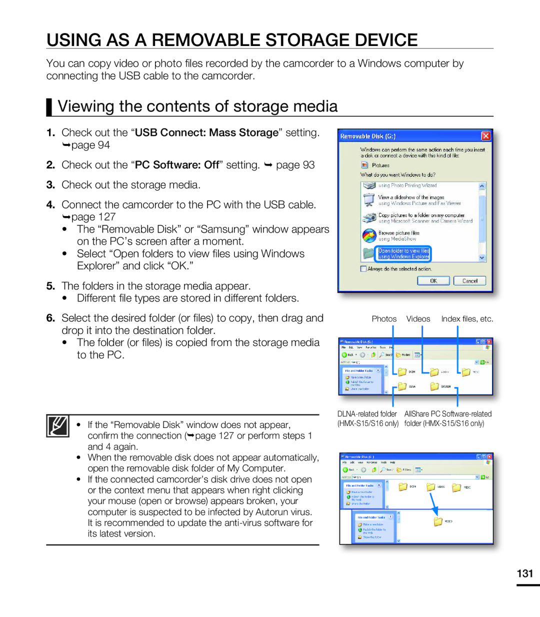 Samsung HMX-S16BP/EDC, HMX-S15BP/EDC, HMX-S10BP/EDC, HMX-S15BP/XER, HMX-S10BP/XER manual Using AS a Removable Storage Device 