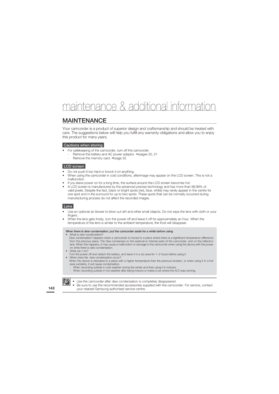 Samsung HMX-S10BP/EDC, HMX-S15BP/EDC, HMX-S16BP/EDC, HMX-S15BP/XER, HMX-S10BP/XER, HMX-S16BP/XER Maintenance, LCD screen, Lens 