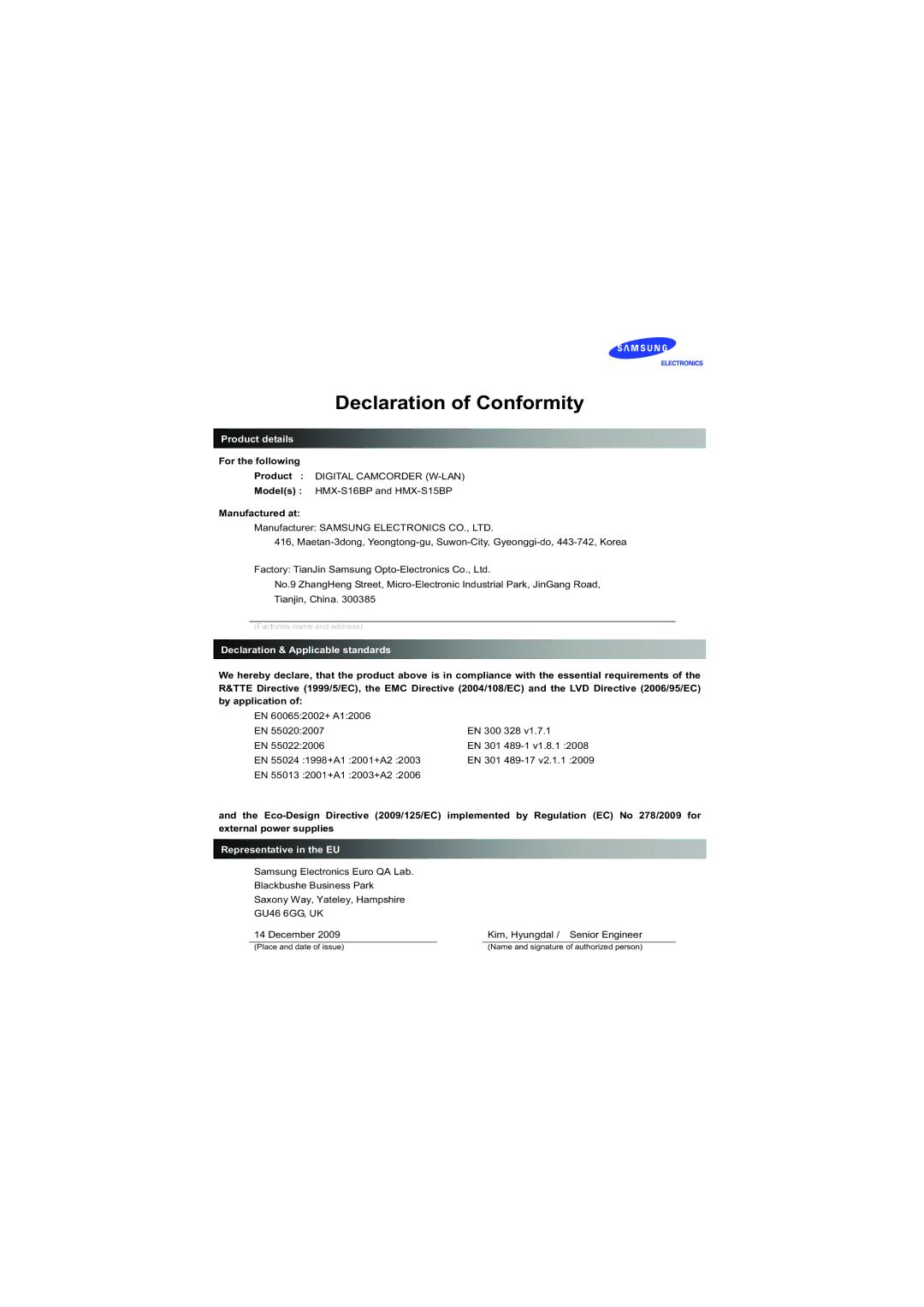 Samsung HMX-S10BP/XER, HMX-S15BP/EDC, HMX-S10BP/EDC, HMX-S16BP/EDC, HMX-S15BP/XER, HMX-S16BP/XER Declaration of Conformity 