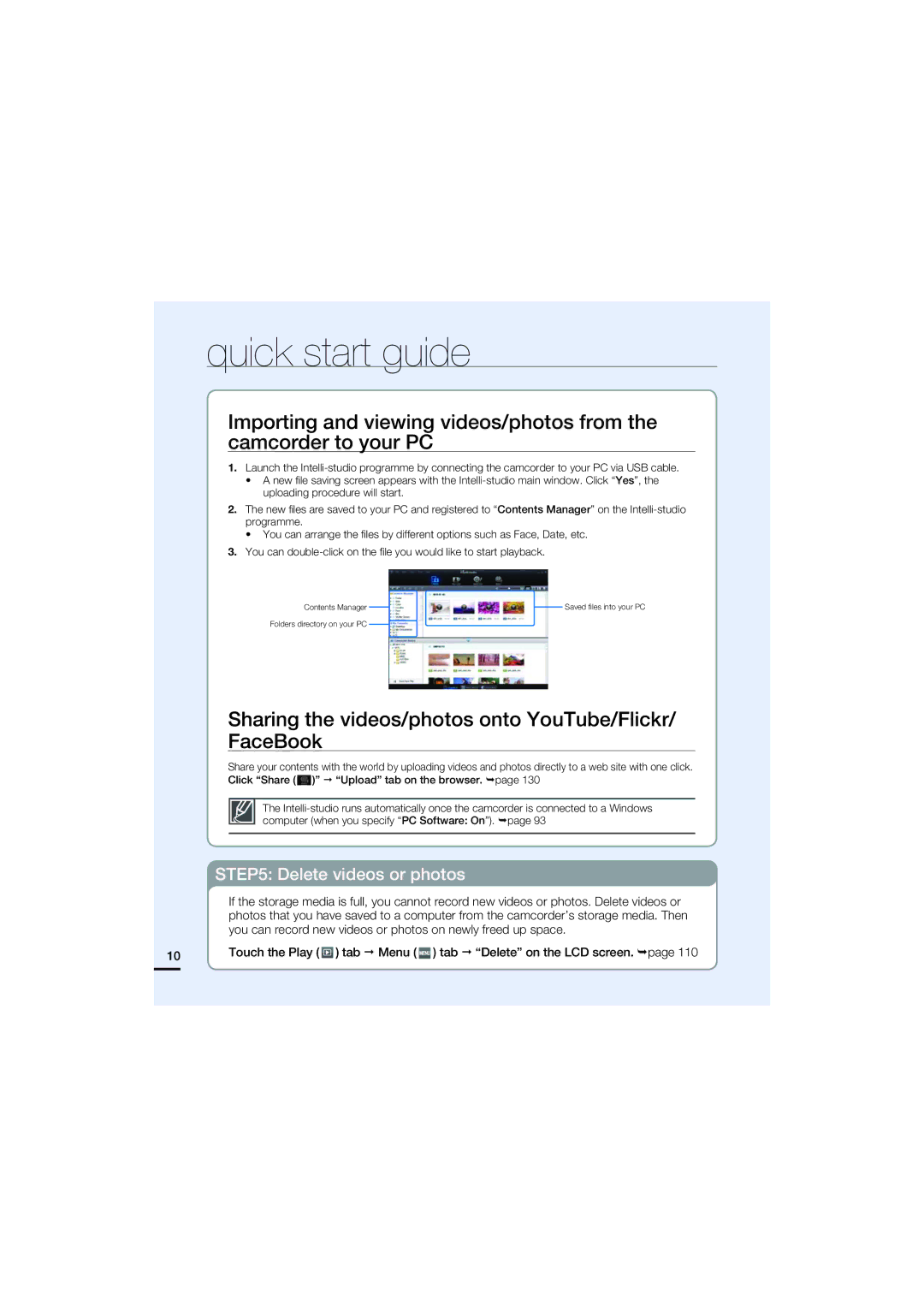 Samsung HMX-S10BP/XIL, HMX-S15BP/EDC manual Sharing the videos/photos onto YouTube/Flickr/ FaceBook, Delete videos or photos 