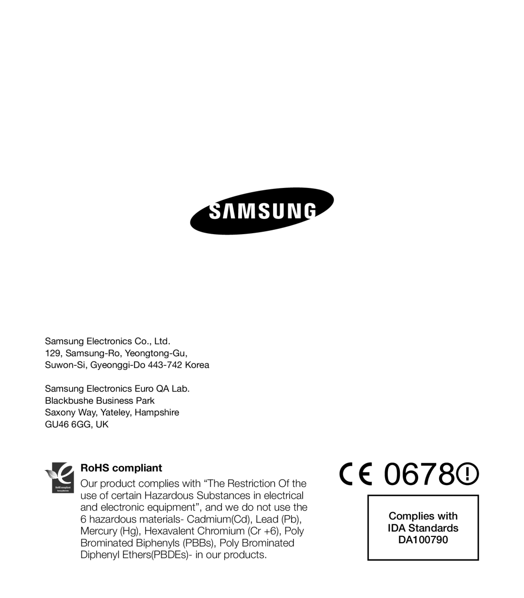 Samsung HMX-S10BP/XIL, HMX-S15BP/EDC, HMX-S10BP/EDC, HMX-S16BP/EDC, HMX-S15BP/XER, HMX-S10BP/XER, HMX-S16BP/XER RoHS compliant 