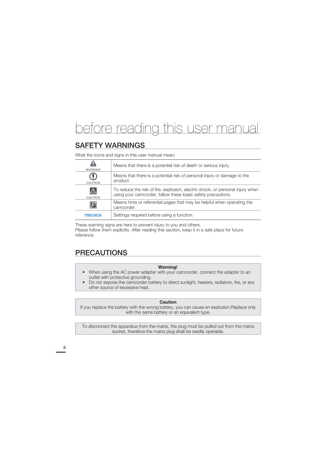 Samsung HMX-S16BP/EDC, HMX-S15BP/EDC manual Safety Warnings, Precautions, Product, Settings required before using a function 