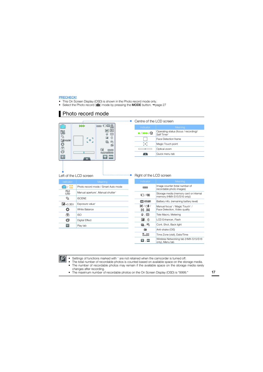 Samsung HMX-S16BP/XER, HMX-S15BP/EDC, HMX-S10BP/EDC, HMX-S16BP/EDC, HMX-S15BP/XER, HMX-S10BP/XER manual Photo record mode 