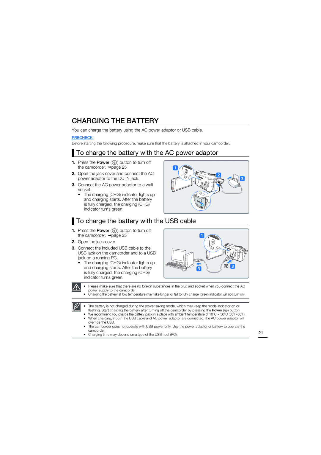 Samsung HMX-S15BP/EDC manual Charging the Battery, To charge the battery with the AC power adaptor, Override the USB 