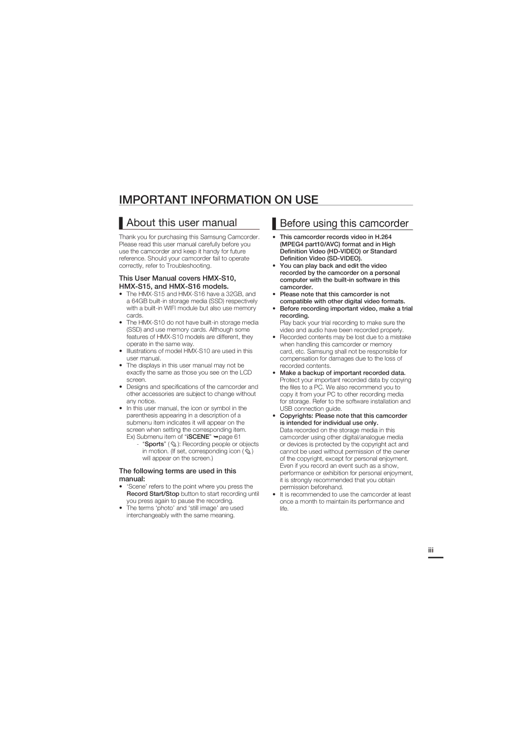 Samsung HMX-S15BP/XER Important Information on USE, Before using this camcorder, Following terms are used in this manual 