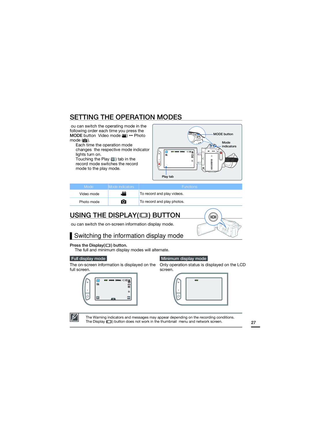 Samsung HMX-S15BP/XSH manual Setting the Operation Modes, Using the Display Button, Switching the information display mode 