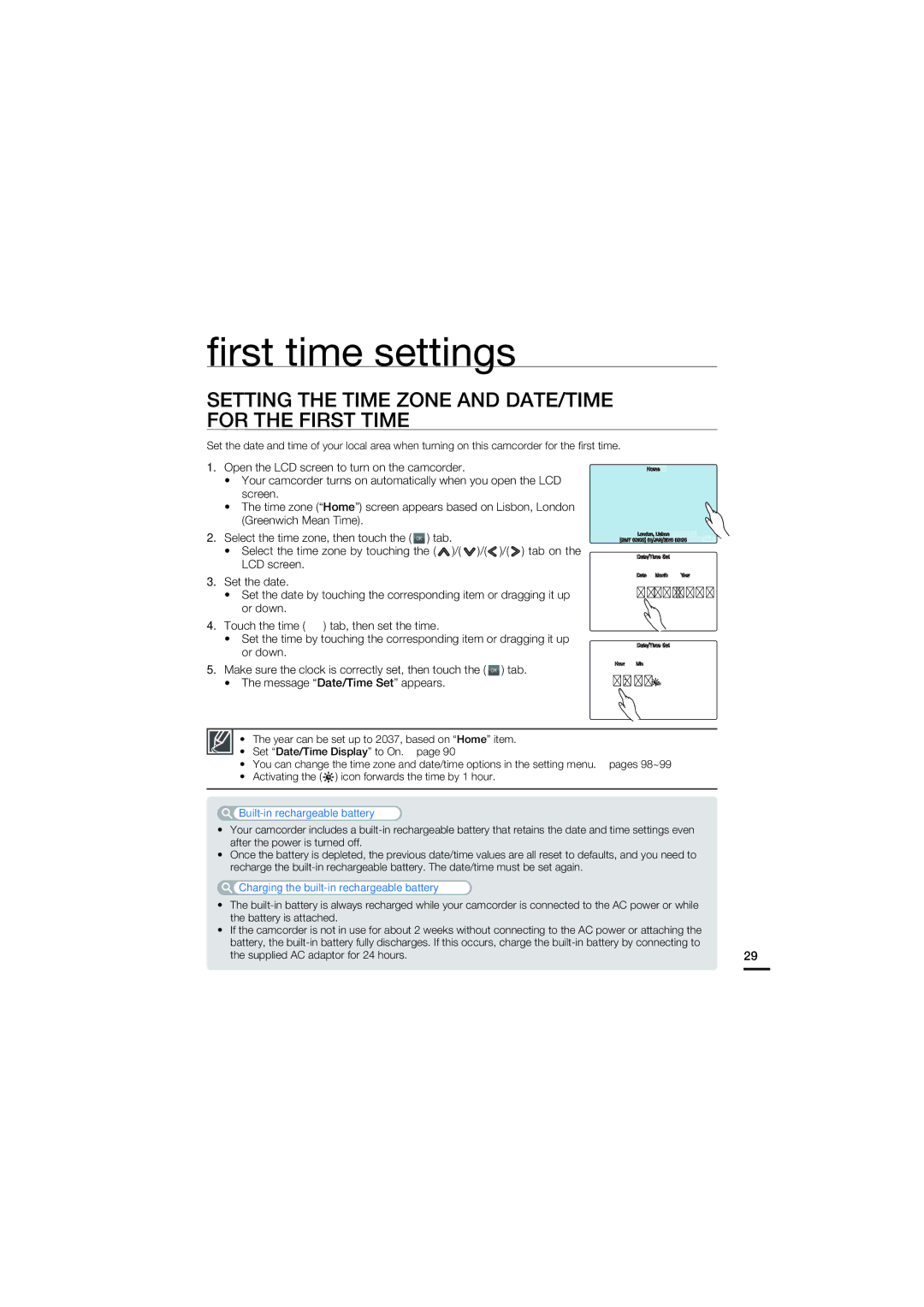 Samsung HMX-S15BP/XIL manual ﬁrst time settings, Setting the Time Zone and DATE/TIME for the First Time,  +/  