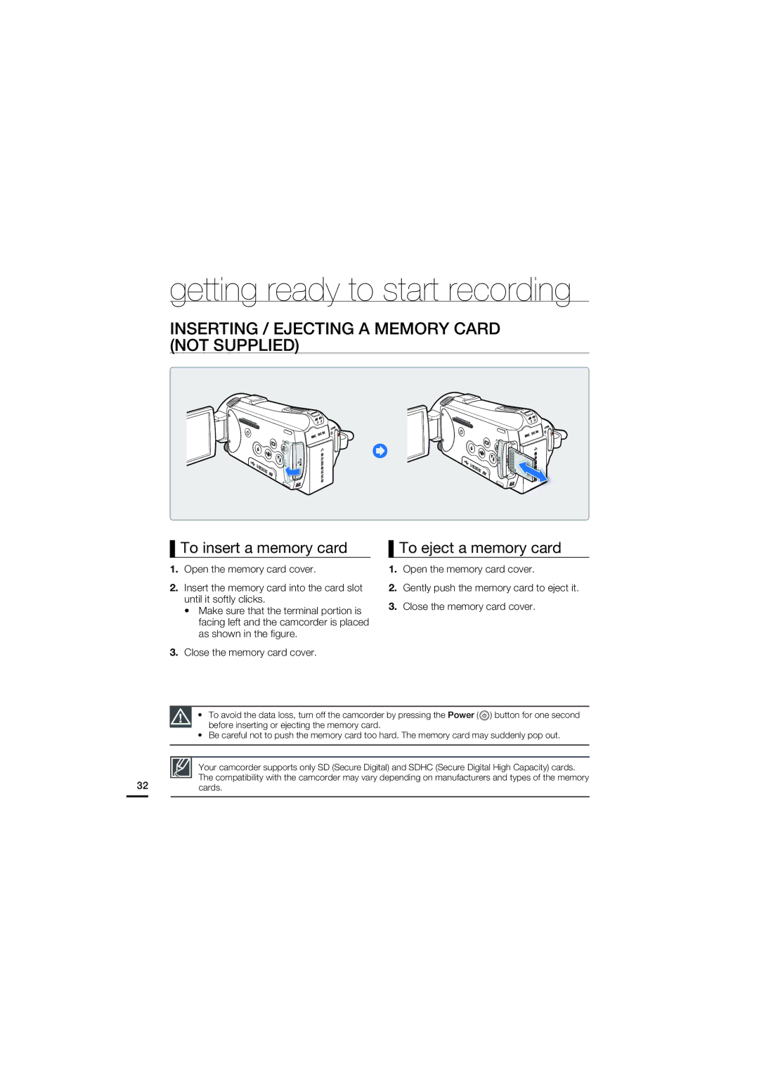 Samsung HMX-S16BP/EDC Inserting / Ejecting a Memory Card not Supplied, To insert a memory card, To eject a memory card 