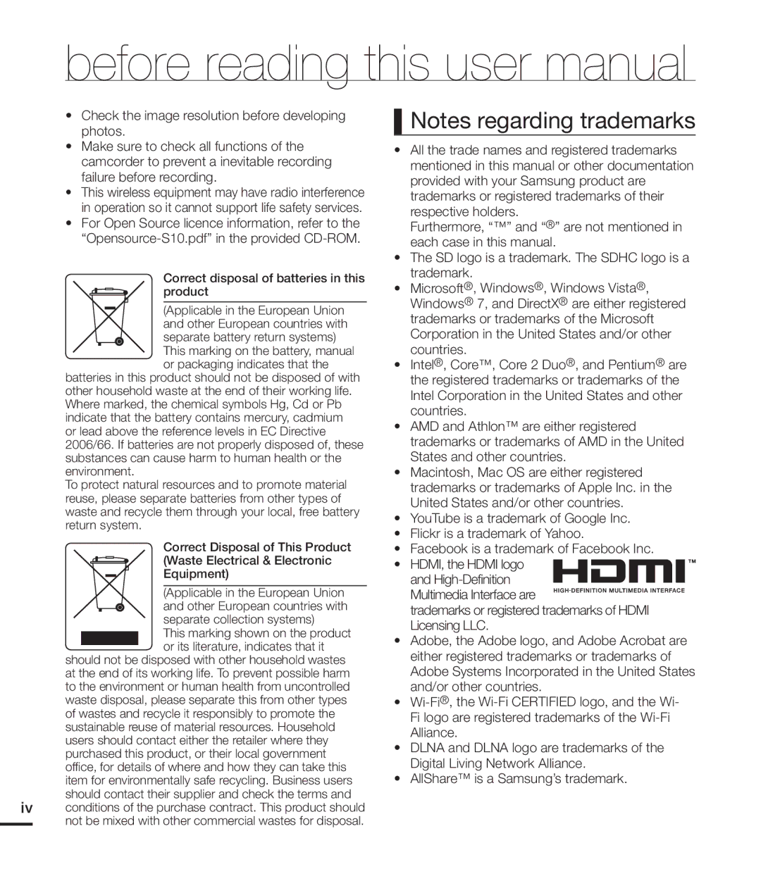 Samsung HMX-S10BP/XER, HMX-S15BP/EDC, HMX-S10BP/EDC, HMX-S16BP/EDC manual Correct disposal of batteries in this product 