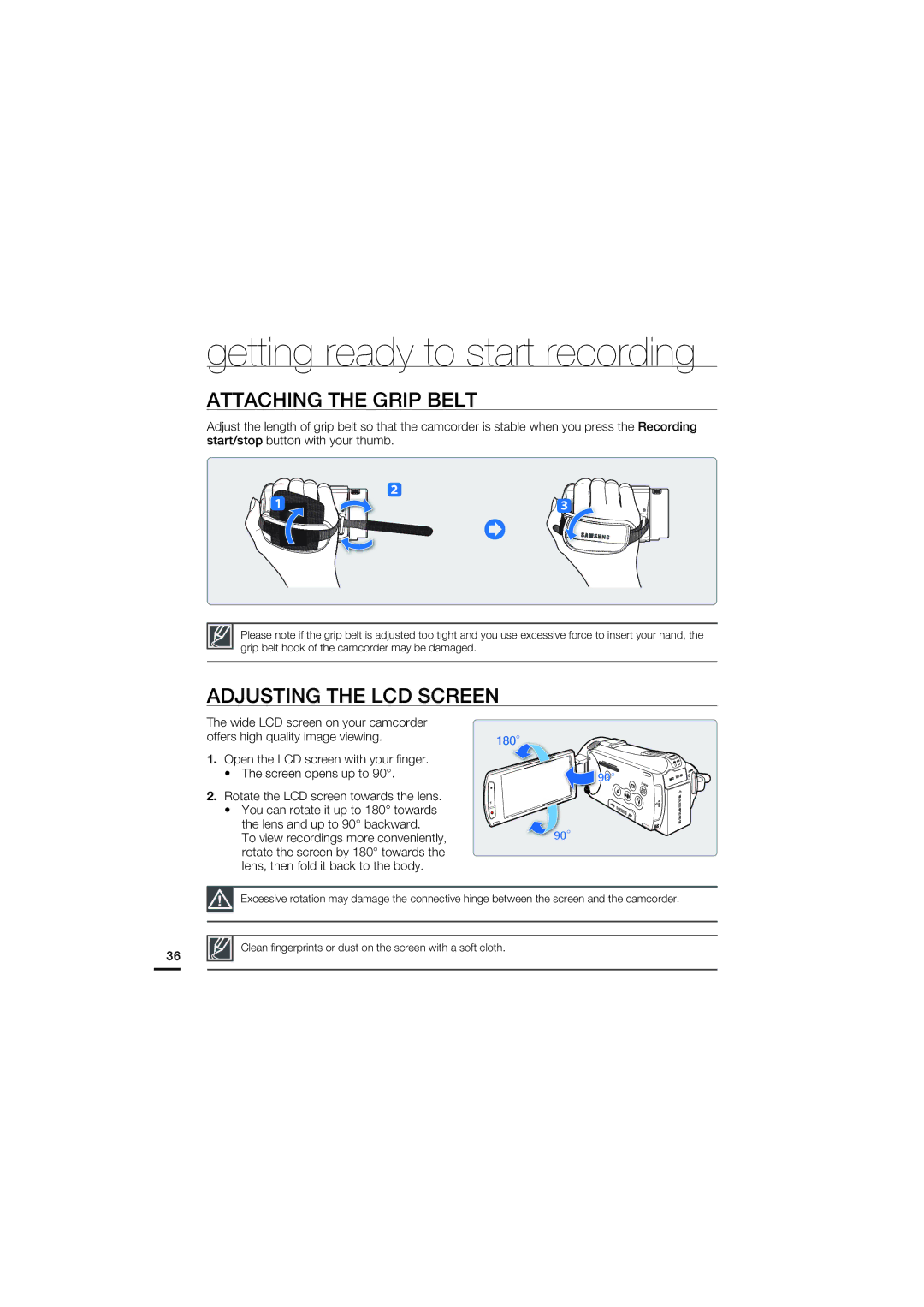 Samsung HMX-S15BP/XSH, HMX-S15BP/EDC, HMX-S10BP/EDC, HMX-S16BP/EDC manual Attaching the Grip Belt, Adjusting the LCD Screen 