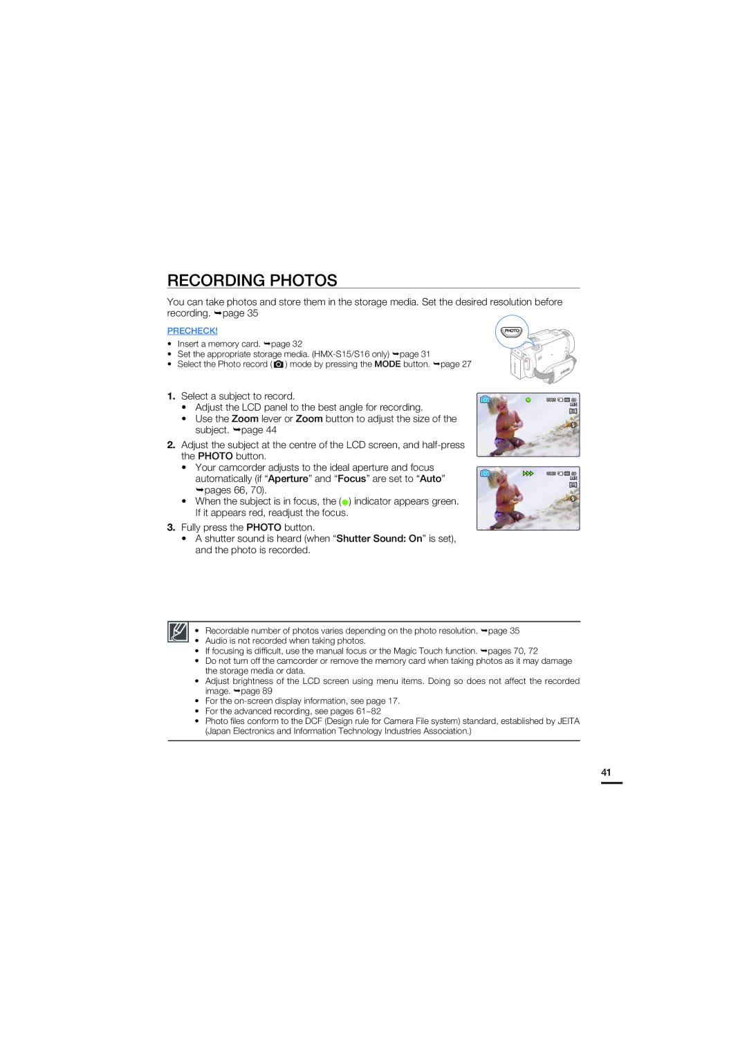 Samsung HMX-S16BP/EDC, HMX-S15BP/EDC, HMX-S10BP/EDC, HMX-S15BP/XER, HMX-S10BP/XER, HMX-S16BP/XER manual Recording Photos 