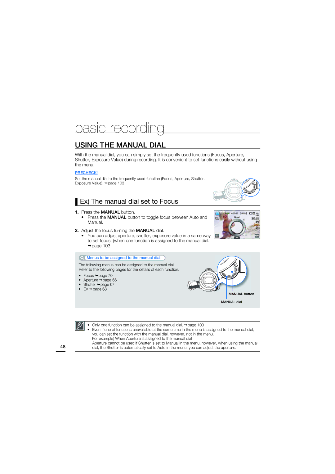 Samsung HMX-S15BP/EDC, HMX-S10BP/EDC Using the Manual Dial, Ex The manual dial set to Focus, Focus Aperture Shutter 