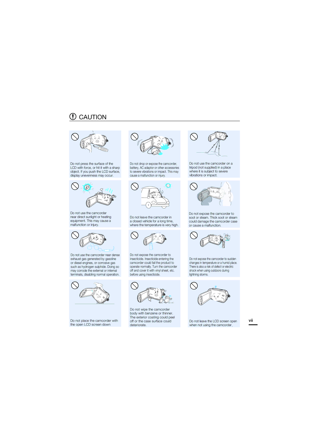 Samsung HMX-S10BP/XIL, HMX-S15BP/EDC, HMX-S10BP/EDC, HMX-S16BP/EDC, HMX-S15BP/XER manual Vii, When not using the camcorder 